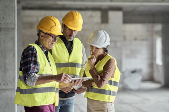 Arquitetos e engenheiros supervisionando o canteiro de obras. 